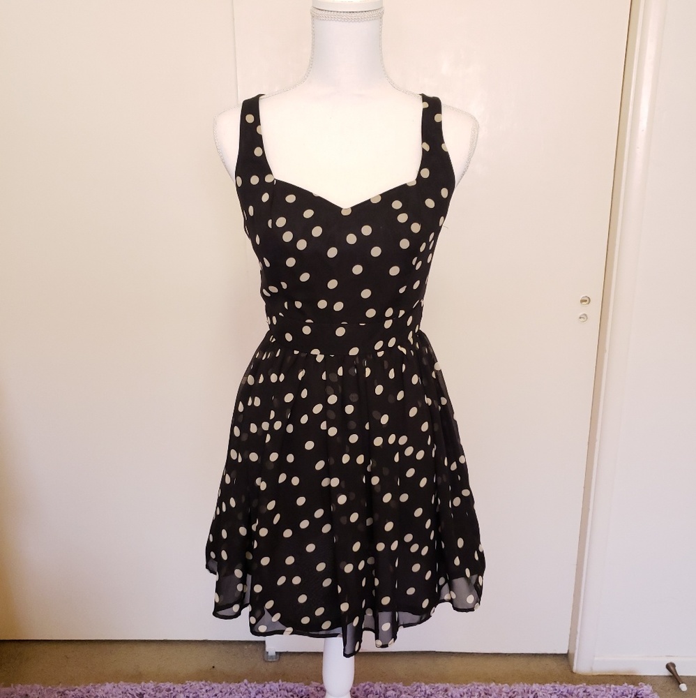 Polka Dot Chiffon Black Cutout Back Dress S